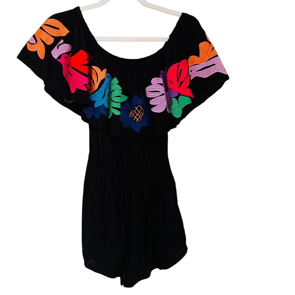 J.Marie Size XS Black Embroidered Off Shoulder Ruffle Romper Birds Flowers